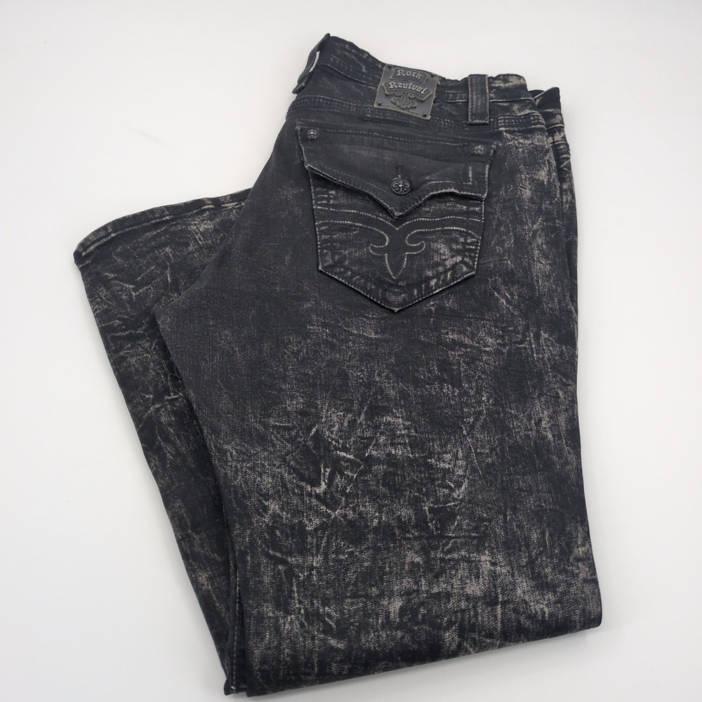 Rock Revival Men's Jeans Size 44 Alt Straight Black Acid Wash Fleur De Lis Flap